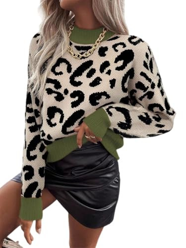 SISKIN Trendy Leopard Print Top Fall Tops for Women Cute Winter Mock Neck Leopard Sweater Daily Wear Green and Apricot M | Amazon (US)
