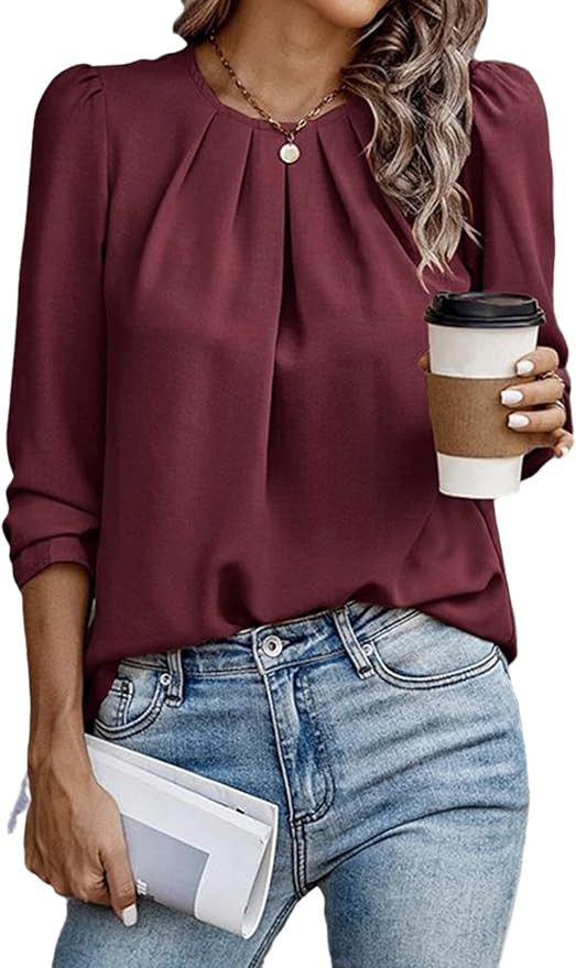 Samefar Womens Tops Dressy Casual Pleated Crew Neck Long Sleeve Shirts Office Work Chiffon Blouse... | Amazon (US)