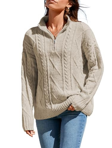 Famulily Womens Quarter Zip Sweater Zip Cable Knit Sweater Womens Chunky Cable Knit Women Turtlenecks Long Sleeve Khaki XL | Amazon (US)