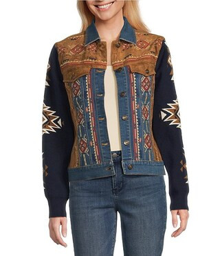 Reba Faux Suede Denim Knit Jacquard Point Collar Long Sleeve Embroidered Button Front Jacket | Di... | Dillard's