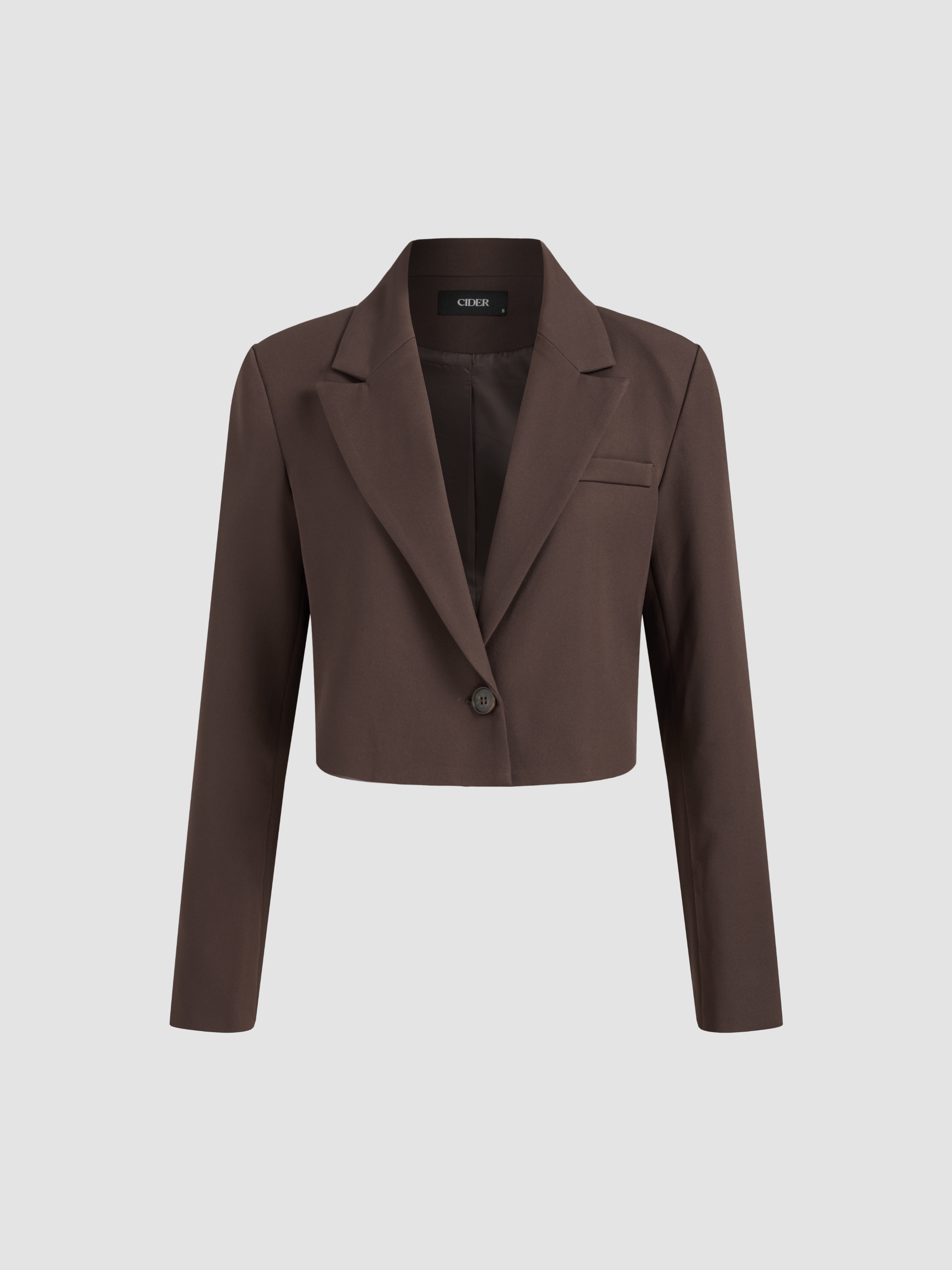 Woven Collar Solid Button Crop Blazer For Daily Casual Work | Cider