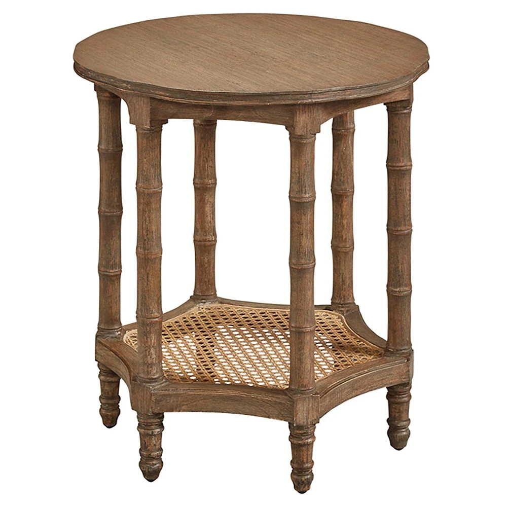Jordana Updated Traditional Brown Wood Woven Cane Round Side Table | Kathy Kuo Home