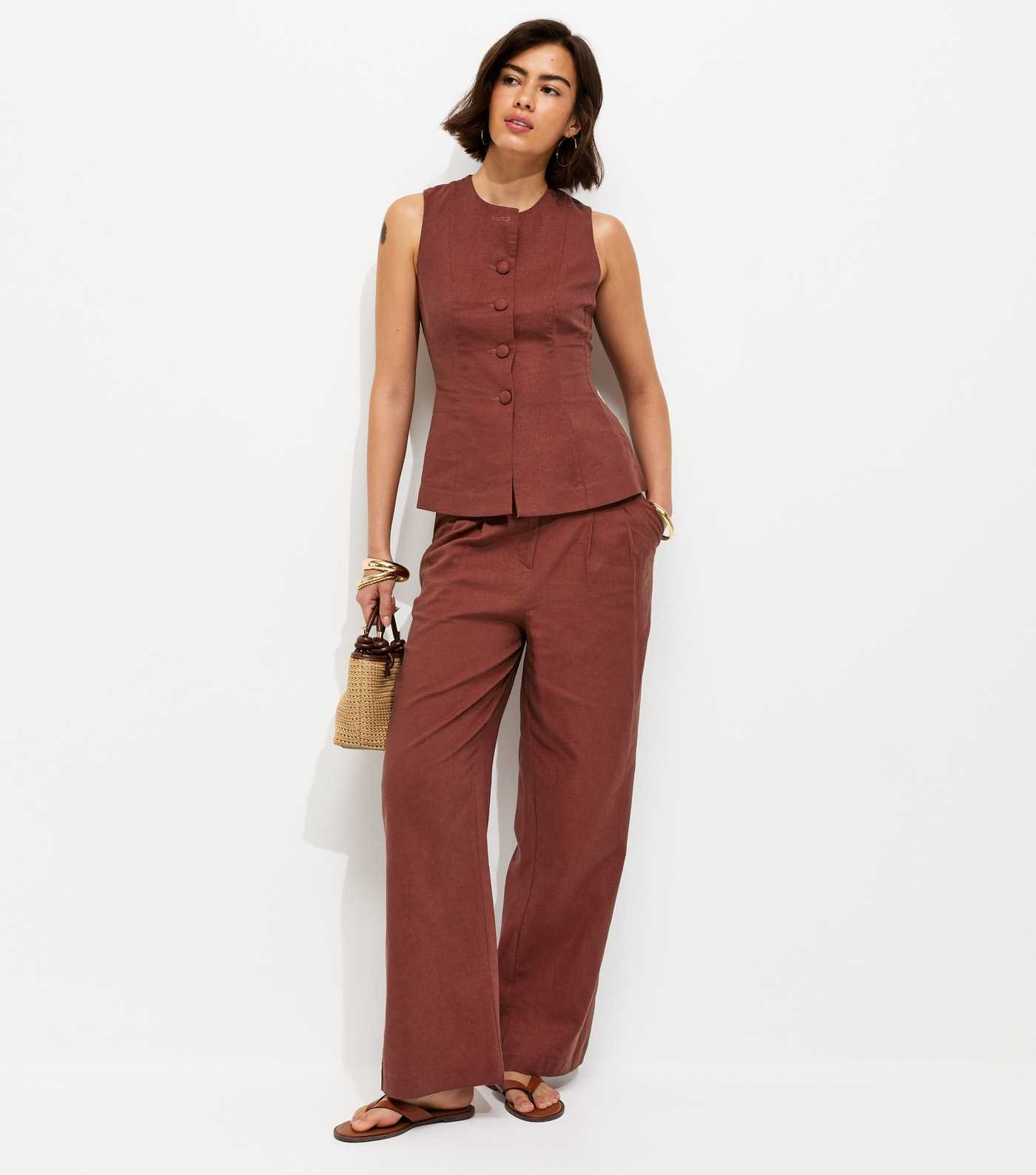 Dark Red Linen Rich Button Through Peplum Waistcoat | New Look | New Look (UK)