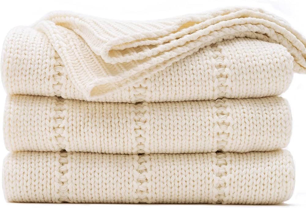 RECYCO Cable Knit Cream White Throw Blanket for Couch, Super Soft Warm Cozy Decorative Knitted Th... | Amazon (US)