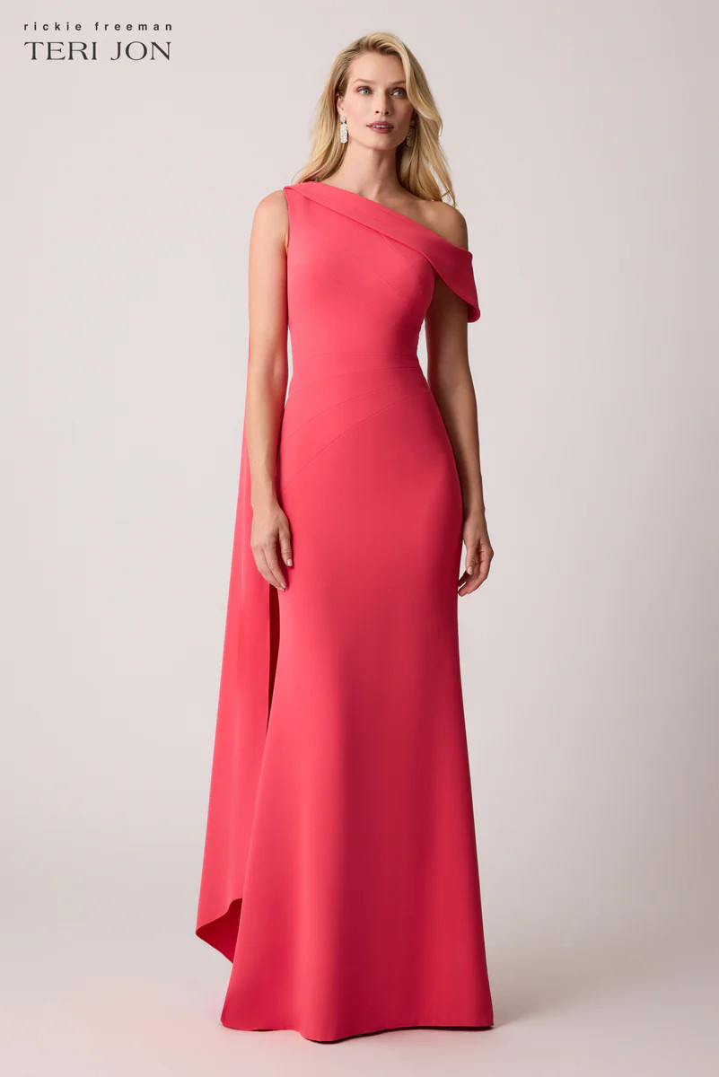 Stretch Crepe Asymmetrical Shoulder Drape Gown | TERIJON