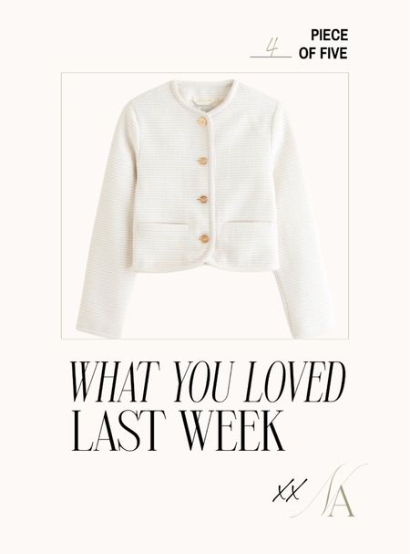 What you loved last week: collarless teeed jacket 🤍

#abercrombiefind #tweedjacket #springfinds 

#LTKstyletip
