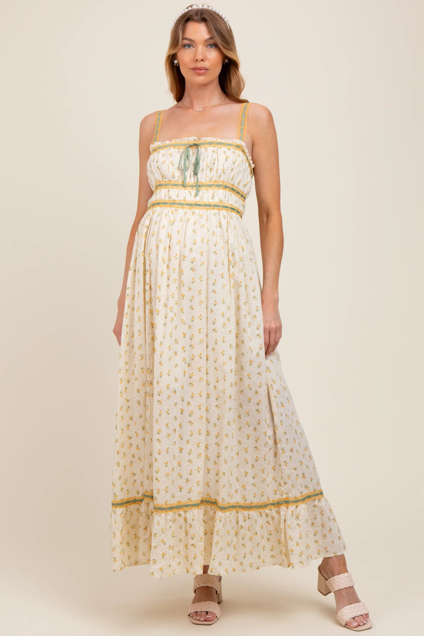 Yellow Floral Ribbon Detail Sleeveless Maternity Maxi Dress | PinkBlush Maternity
