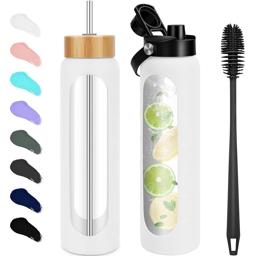 32 oz Glass Water Bottles - 1 Liter Motivational Tumbler Water Bottle Time Marker - Borosilicate ... | Amazon (US)