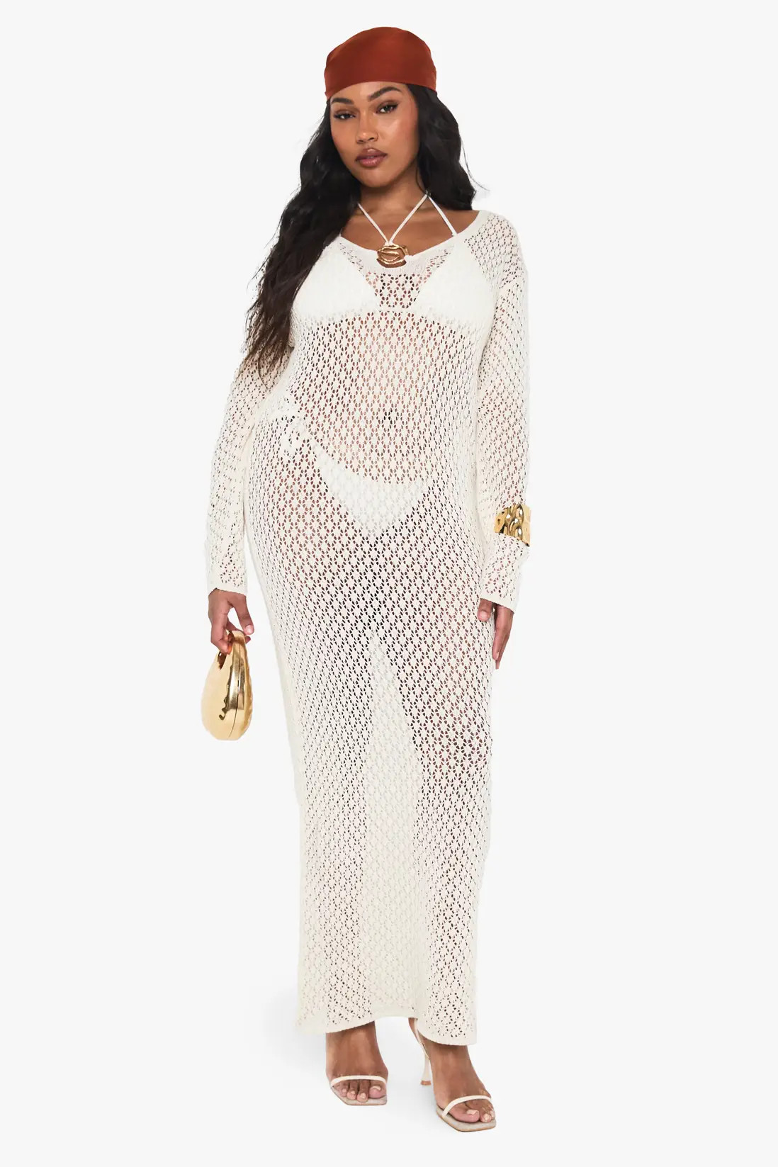Ecru Plus Knitted Trim Detail Beach Maxi Dress | Boohoo USA | boohoo (US & Canada)