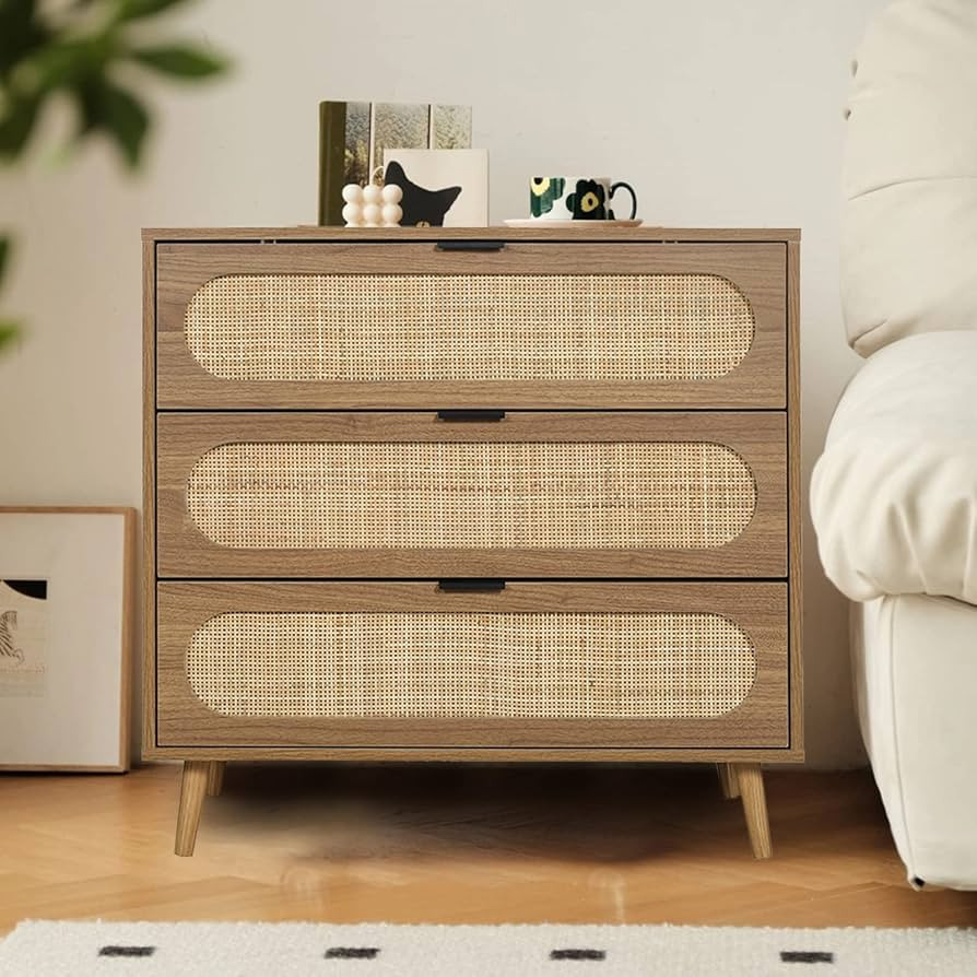 Henf 31.5" Wood Dresser for Bedroom, 3 Drawer Dresser Rattan Cabinet Chest of Drawers for Living Room Bedroom Accent Storage Cabinet Nightstand Bedside Table Rattan Dresser (1 PCS) | Amazon (US)