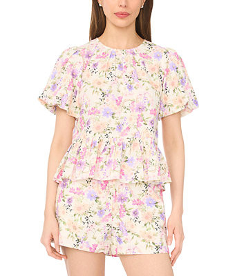 Women's Puff-Sleeve Shirred Crew Neck Peplum Top | Macy's