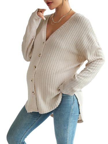 COZYEASE Women's Maternity Ribbed Knit Button Down Tee Shirt Drop Shoulder V Neck Sweater Top | Amazon (US)