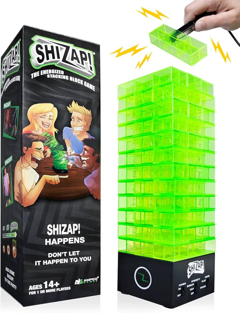 ShiZap! - Electric Shock Stacking Block Game, Plastic Tumble Tower Blocks, Shocking Tweezers, LED... | Amazon (US)