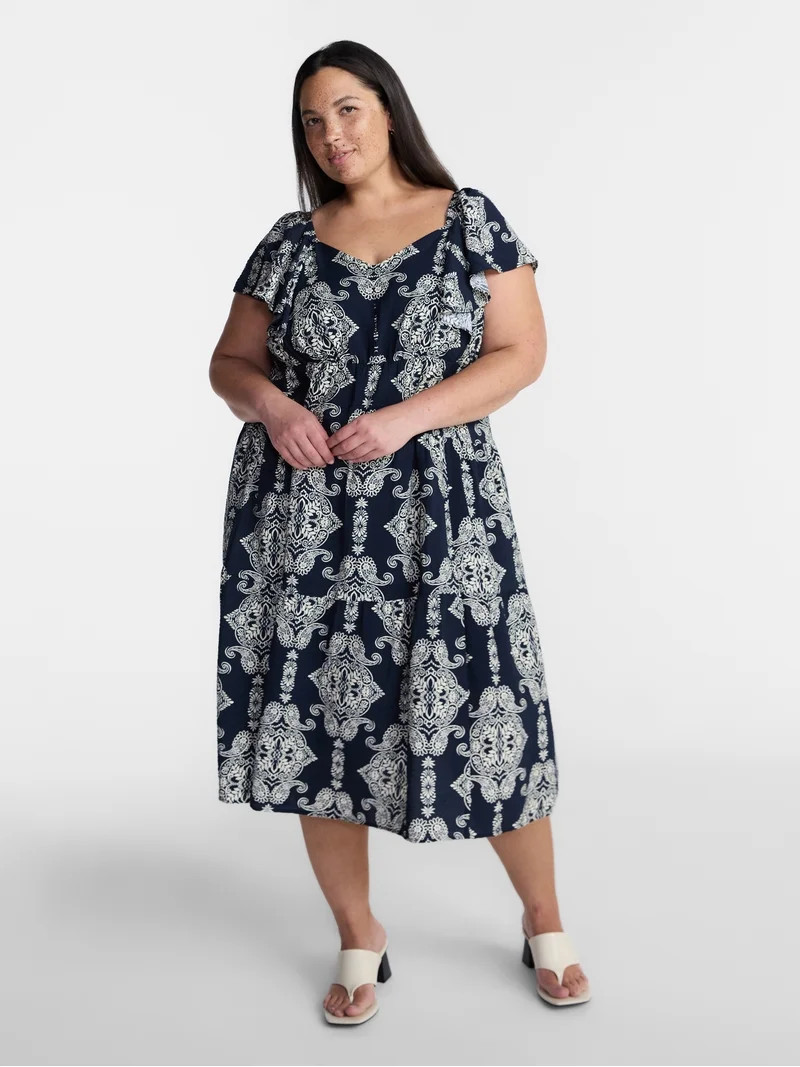 Terra & Sky Women's Plus Midi Dress with Flutter Sleeves, Sizes 0X-5X | Walmart (US)
