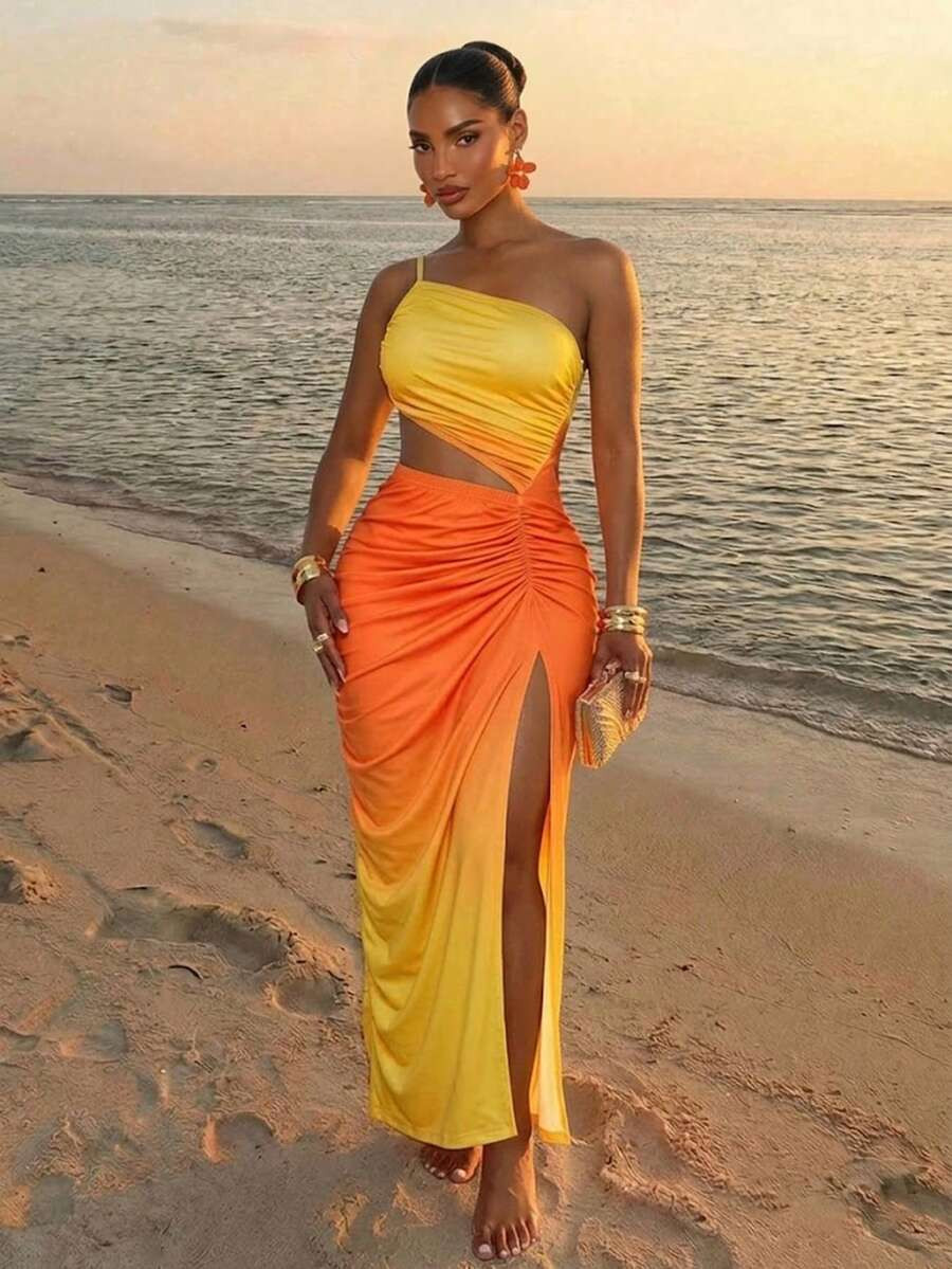 SOLERSUN Women's Summer Attire: A Sexy And Elegant One-Shoulder Ombré Ruched Maxi Dress Featurin... | SHEIN