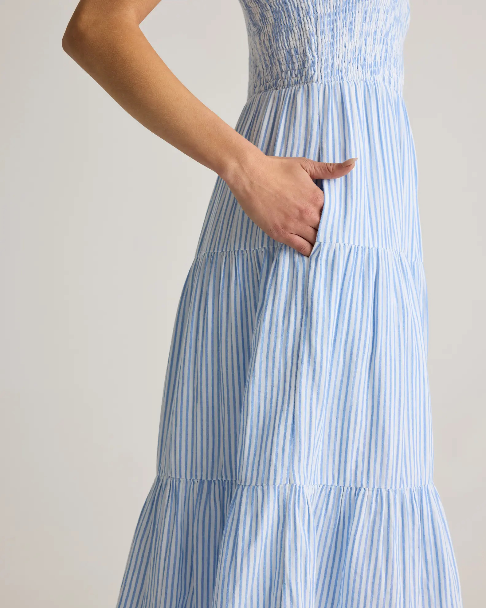 100% Organic Cotton Gauze Smocked Sleeveless Maxi Dress in Bayside Stripe Blue/white | Quince