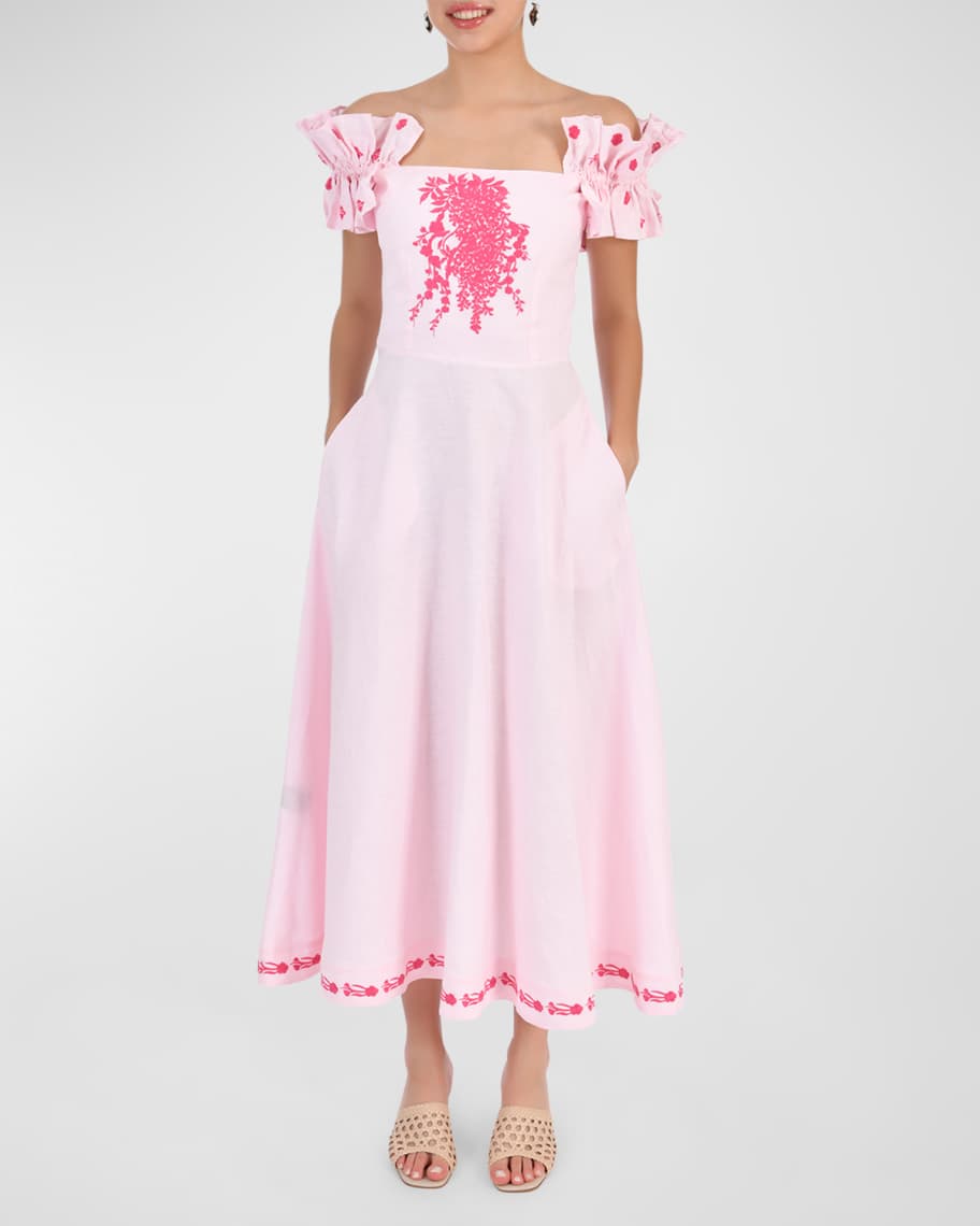 FANM MON Alya Strapless Applique Linen Midi Dress | Neiman Marcus