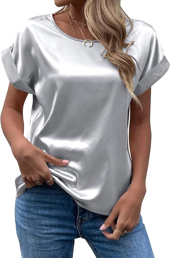 Chigant Women's Short Sleeve Satin Blouses Casual Loose Crewneck Silk Shirts Roll Up Sleeve Tunic... | Amazon (US)