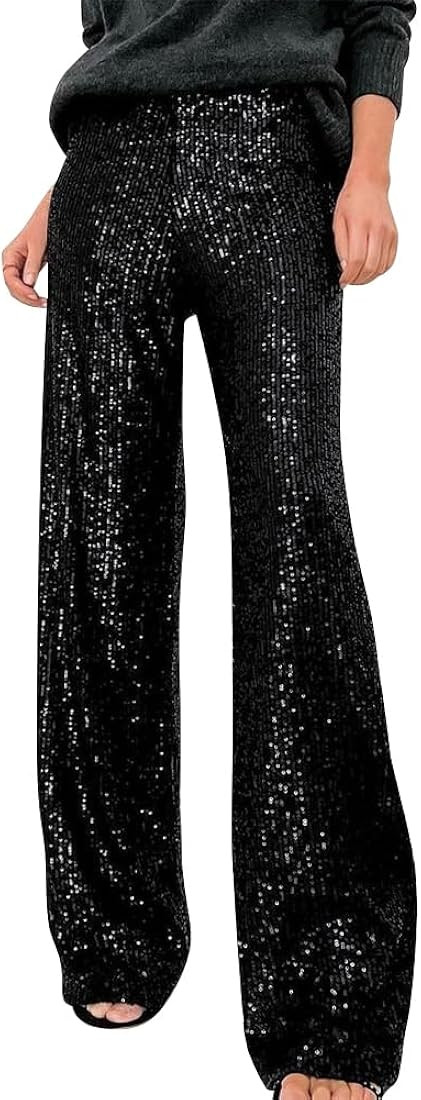 ODIZLI Womens Wide Leg Sparkle Sequin Pants Elastic High Waisted Bling Glitter Dance Pants | Amazon (US)