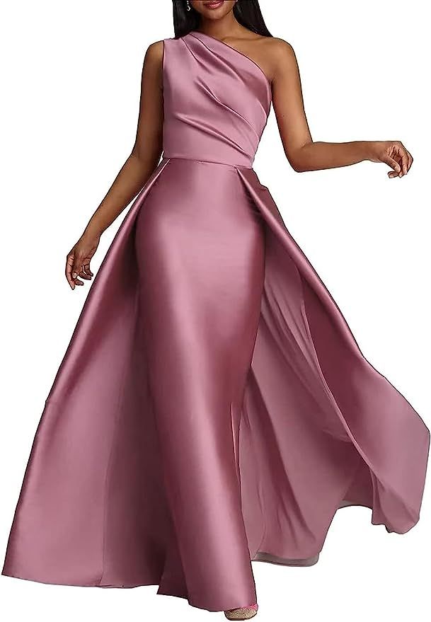 WAOCEO Women's One Shoulder Prom Dresses with Overskirt Ruched Satin Fashion Formal Evening Gowns... | Amazon (US)