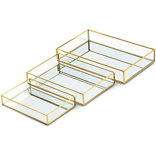 Juvale Set of 3 Gold Mirror Vanity Tray for Perfume, Makeup Display, Decorative Rectangle Glass Jewelry Organizer for Bathroom, Dresser (3 Sizes) | Amazon (US)