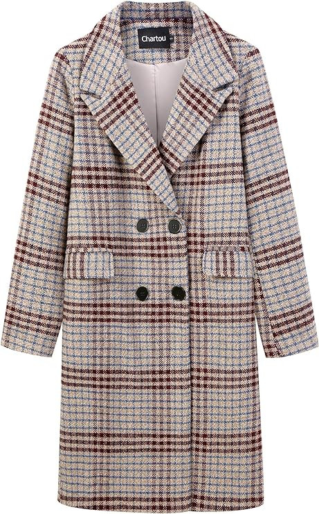 CHARTOU Women's Winter Oversize Lapel Collar Woolen Plaid Double Breasted Long Peacoat Jacket | Amazon (US)