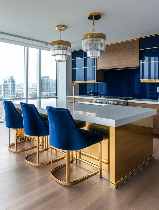 California beach meets New York apartment.

That’s the mood of this navy and gold kitchen — fresh, bold, and timeless.

It blends two very different design energies:

• The deep blues of the ocean
• The rich gold accents of classic New York interiors

And together they create a space that feels luxurious but still relaxed.

The best part? You don’t need a full renovation to create this look.

Start simple:

• Add navy velvet bar stools with gold legs
• Introduce brushed gold fixtures or hardware
• If you’re feeling bold, paint one accent wall or cabinetry in navy

Even just the chairs alone can completely transform the kitchen.

Because sometimes one strong color + one metallic accent is all you need to turn a simple kitchen into something designer-level beautiful.

Shop our curated edit of navy velvet bar stools and gold accents: link below.

#KitchenDesign
#NavyAndGold
#LuxuryKitchen
#ModernKitchen
#InteriorStyling
#HomeDecorIdeas 

 #LTKHome
