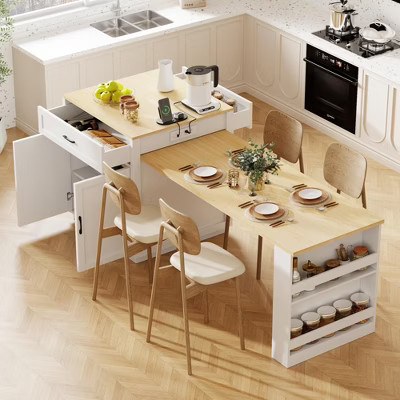 Kitchen Island with Extendable Dining Table for 4-6 Person, Faux Mable Kitchen Table with Power Outlet, Kitchen island with Storage Drawers, White Oak | Target