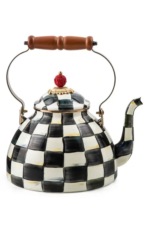 MACKENZIE CHILDS Courtly Check Enameled Steel 3-Quart Tea Kettle in Black/White at Nordstrom | Nordstrom