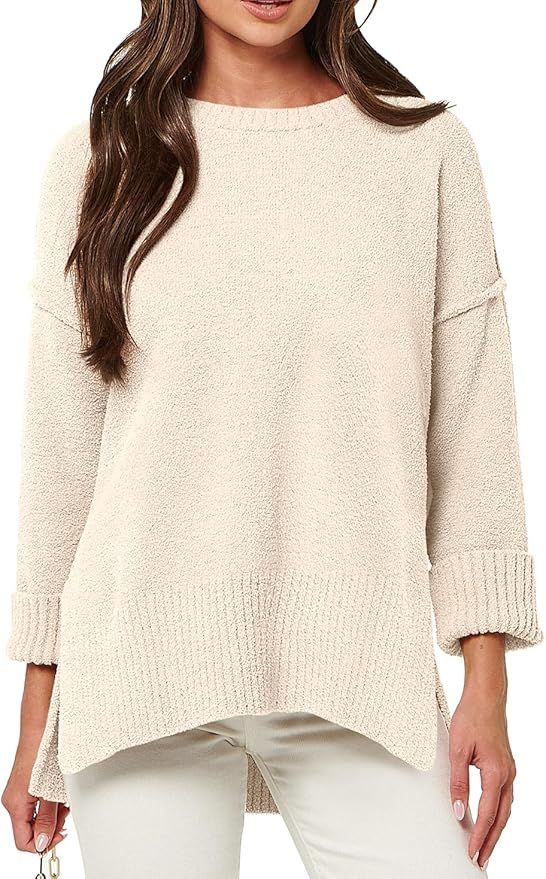 ANRABESS Women's Crewneck Oversized Sweaters Fuzzy Knit Chunky Warm Side Slit Pullover Sweater To... | Amazon (US)