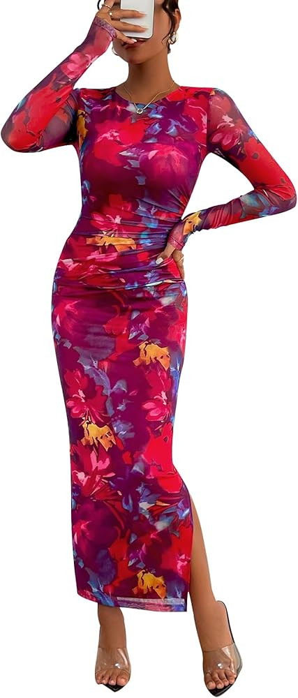 CFLONGE Long Sleeve Dress for Women Floral Print Ruched Wedding Guest Maxi Dresses Tight Fitted C... | Amazon (US)