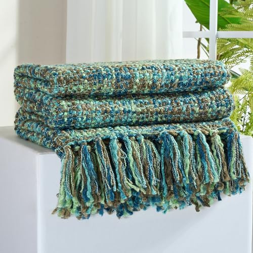 GINAMUSE Multi-Color Green Cable Woven Throw Blanket for Couch,50"X60" Boho Style Textured Blankets for Home Decor,Super Soft Warm Cozy Chunky Blanket with Decorative Tassels for Bed and Sofa | Amazon (US)