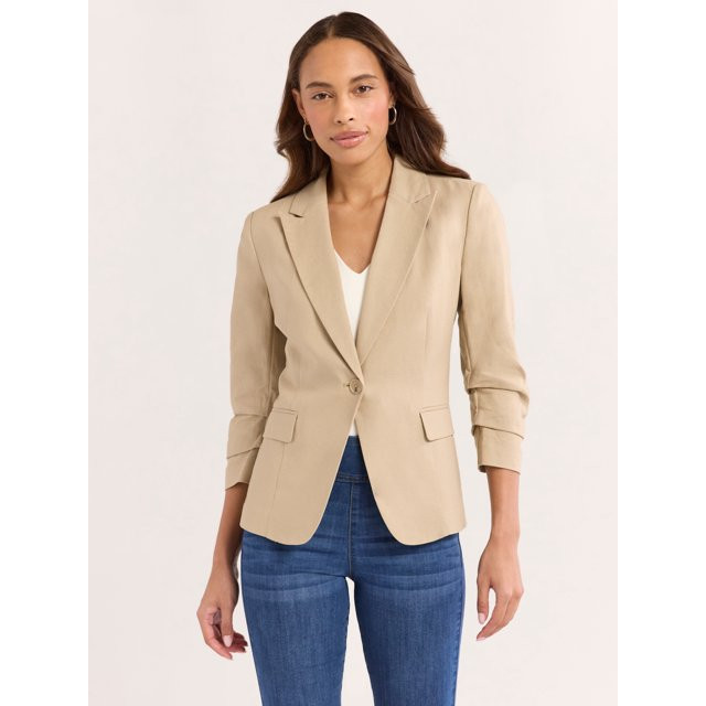 Sofia Jeans Women's Linen Blend Blazer with Scrunch Sleeves, Sizes XS-4X | Walmart (US)