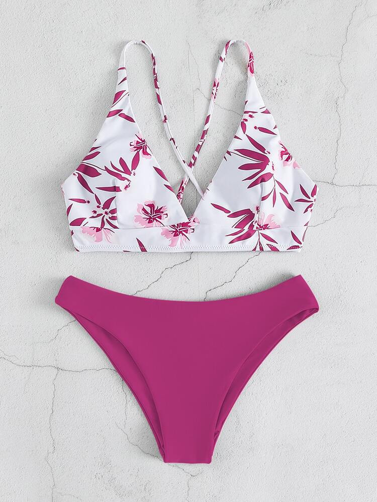 Floral Print Criss Cross Bikini Swimsuit | SHEIN