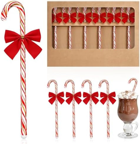 Mulbozy 6 Pcs Candy Cane Stir Sticks with Bow, Christmas Drink Stirrers, Glass Candy Cane Shaped ... | Amazon (US)