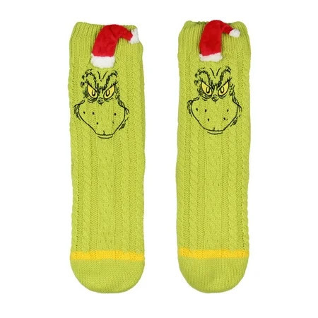 Dr Seuss The Grinch Adult Sherpa Lined Grinch Face Santa Hat Sweater Knit Slipper Socks For Men and Women | Walmart (US)