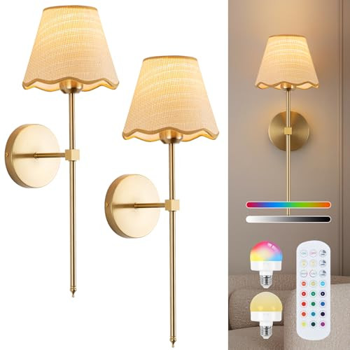 ADISUN Battery Operated Wall Sconce Set of 2, Gold Wall Lamps Rechargeable Bulbs for Living Room, Rattan Shade Wireless Wall Lights for Bedroom Living Room Hallway Kitchen(2 Bulbs Included) | Amazon (US)