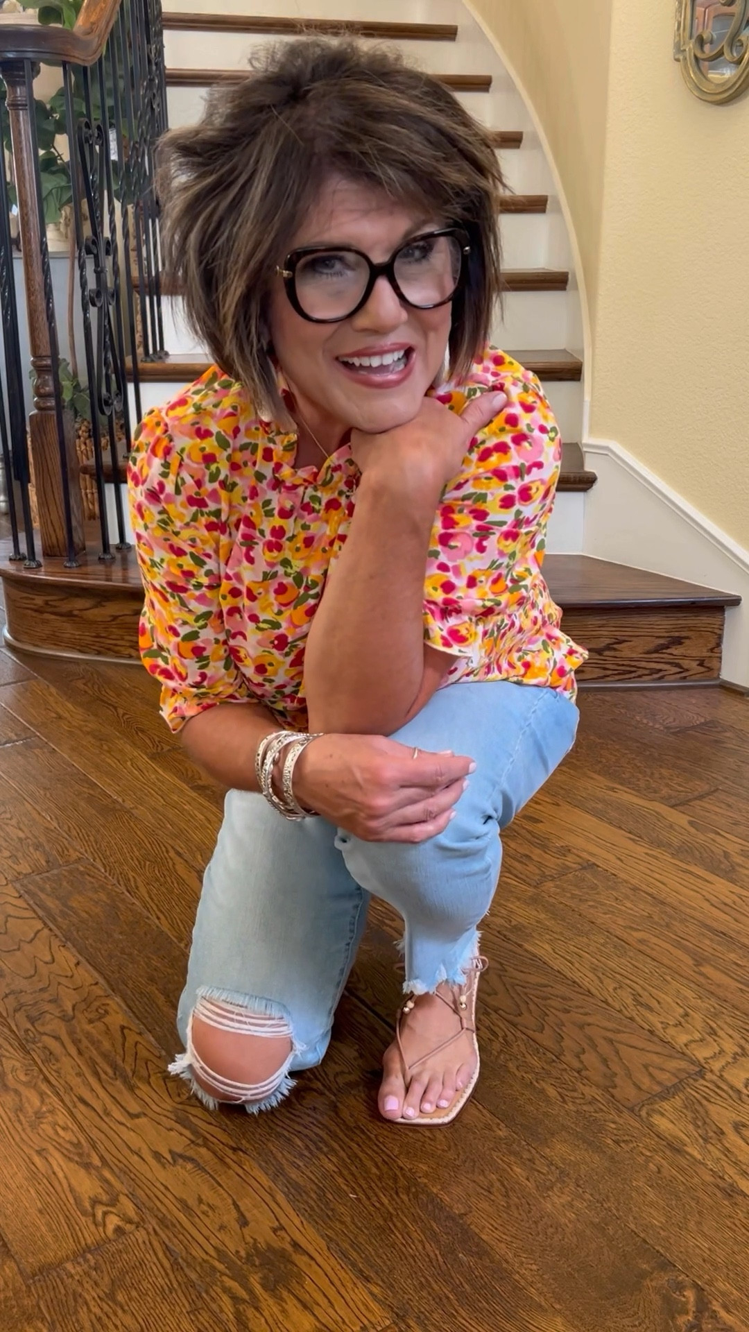 I love a fun pair of destroyed jeans! Age has nothing to do with it! Who’s with me?
My bangles, floral top and lace up sandals add to this darling summer look! ☀️
@amazonfashion @@Brightoncollectibles
@dillards


#LTKstyletip #LTKshoecrush #LTKsalealert