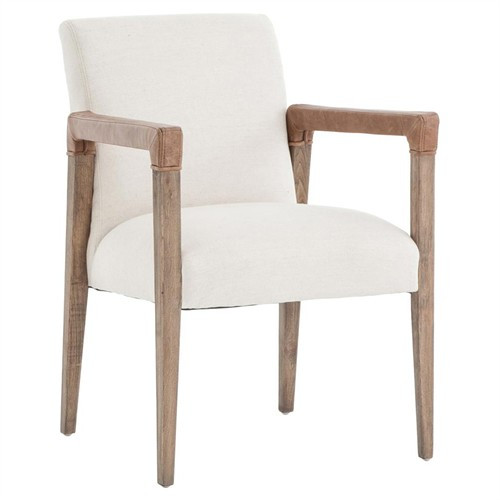 Jolie Modern French Country White Linen Leather Oak Dining Arm Chair | Kathy Kuo Home