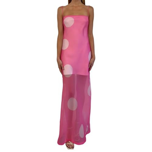 Muineobuka Women Polka Dot Elegant Long Dress Square Neck Spaghetti Strap Sheer Mesh Slim Maxi Dresses (Pink, M) | Amazon (US)