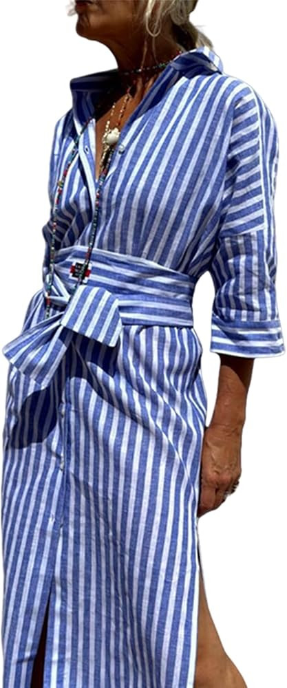 Classic Striped Lace-Up Shirt Dress 3/4 Sleeve Button Down Maxi Cotton Long V Neck for Women Shir... | Amazon (US)