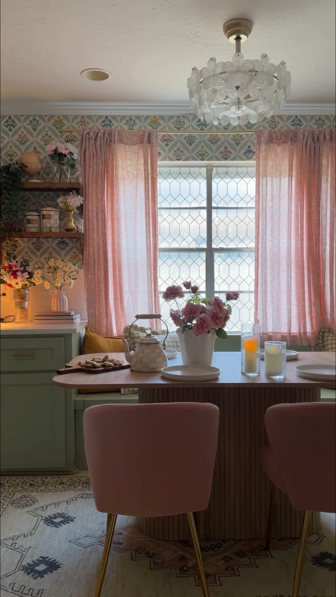 #AD Giving this window a little makeover! It was such an easy transformation with a big impact! There are so many little details I love about this kitchen. I thought the space needed a little pop of color so I added these pink chairs to compliment the green, floral wallpaper.

#WayfairPartner @Wayfair #Wayfair @Shop.LTK
