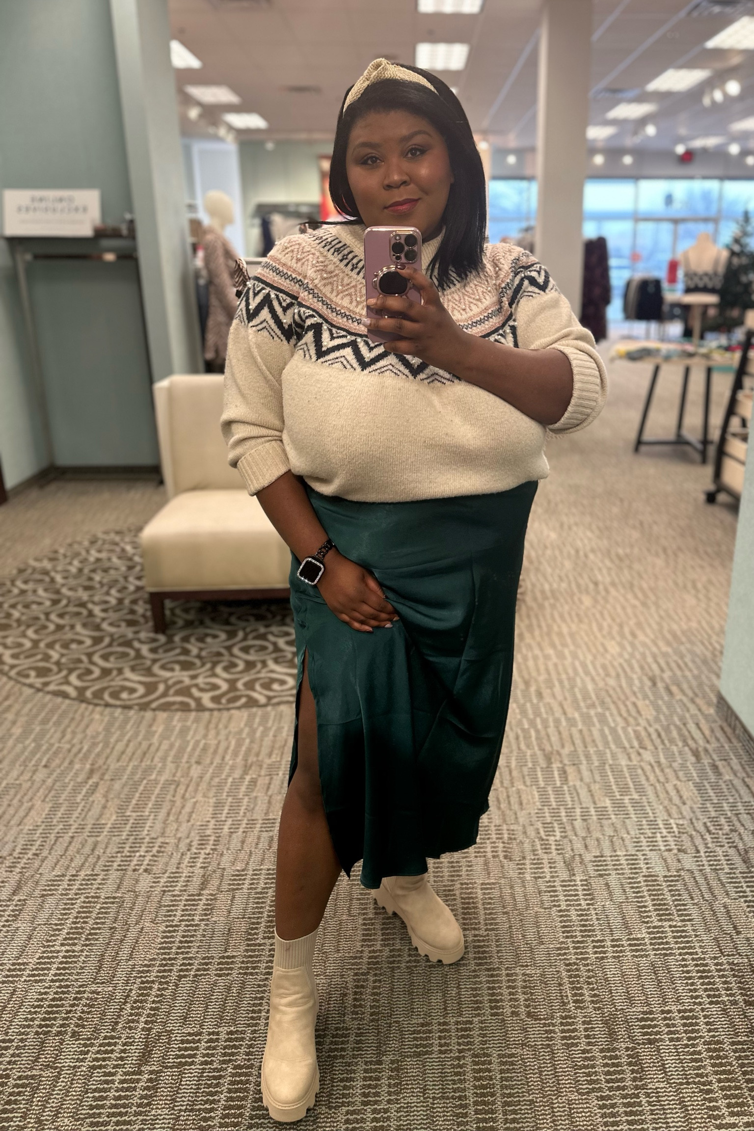 Holidays | silk skirt | headband | tan boots | holiday sweater 

#LTKHoliday #LTKplussize #LTKSeasonal