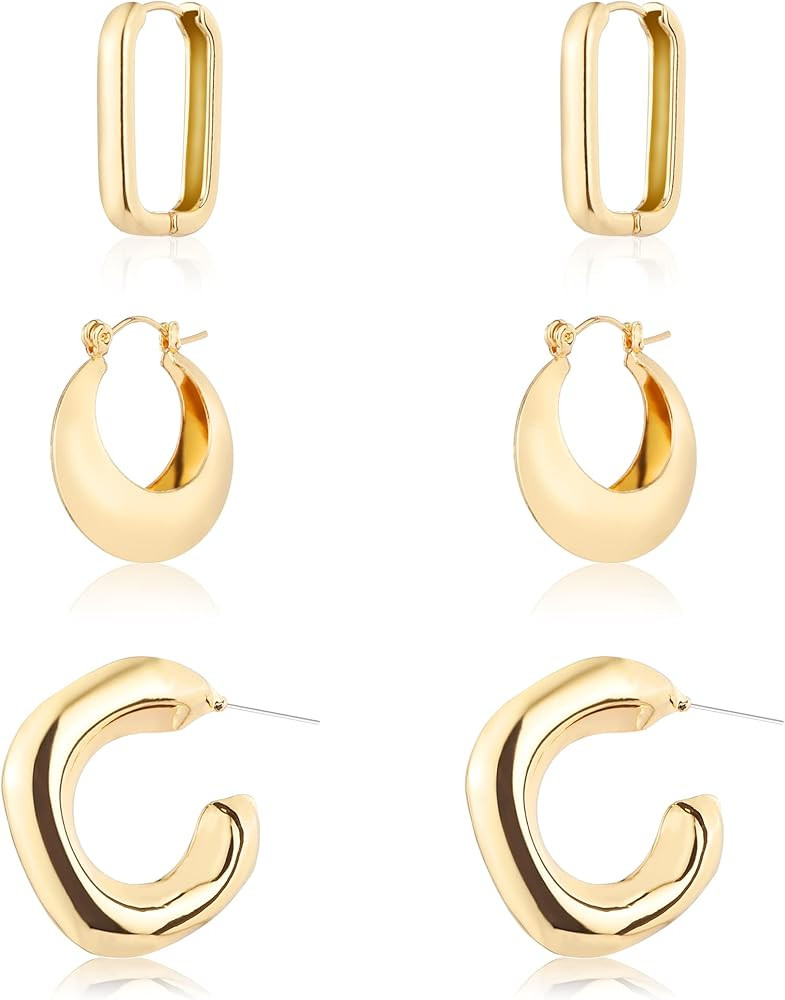 14K Gold Hoop Earrings for Women, Hypoallergenic Chunky Gold Hoop Earrings Multipack, Lightweight... | Amazon (US)