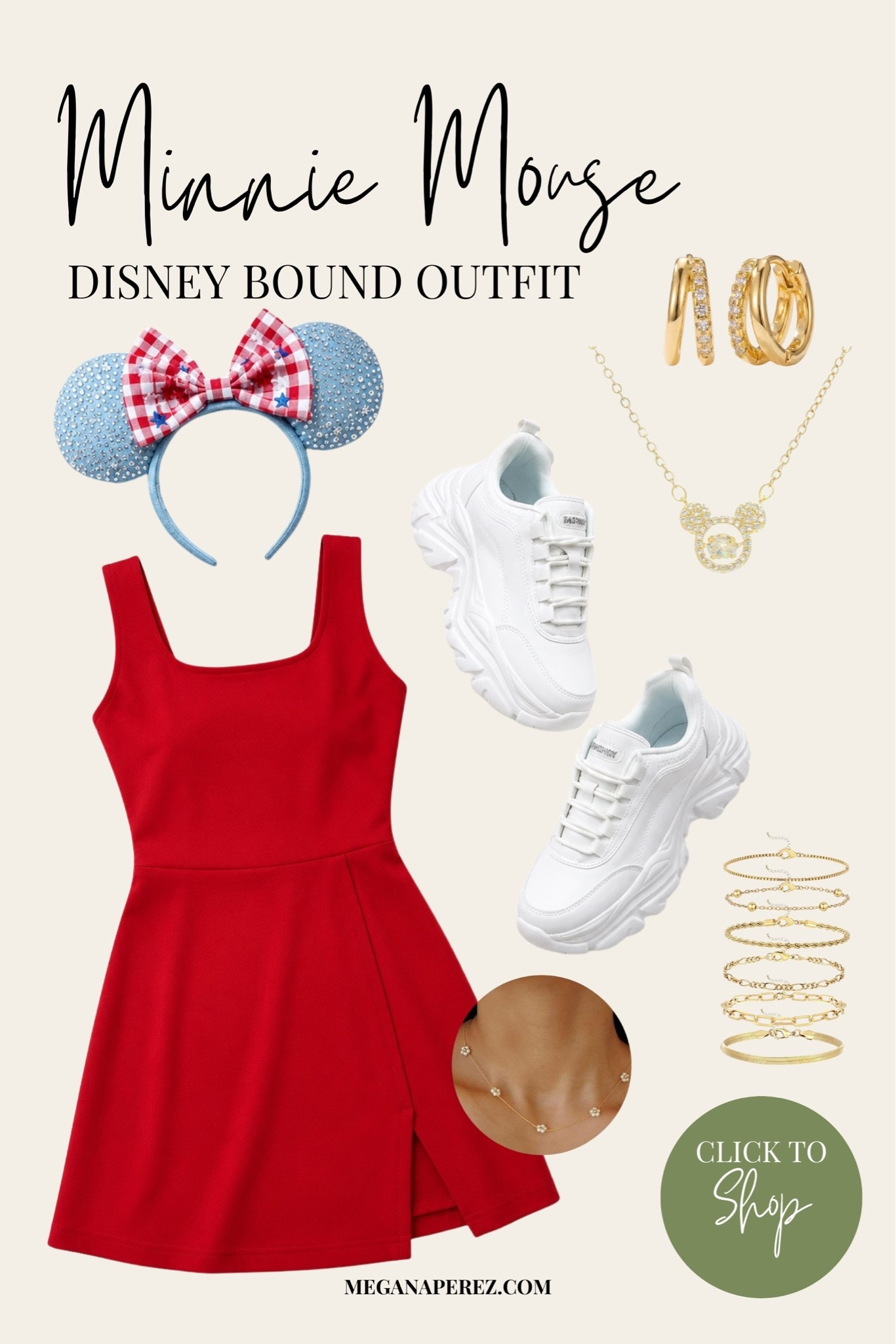 Obsessed with this blue gingham Minnie Mouse Disneybound look — rhinestone ears, a red skort dress, chunky white sneakers and dainty gold jewelry. Such a fun and comfortable Disney park outfit for summer. All items linked and shoppable!

#LTKootd #LTKmomlife #LTKgrwm