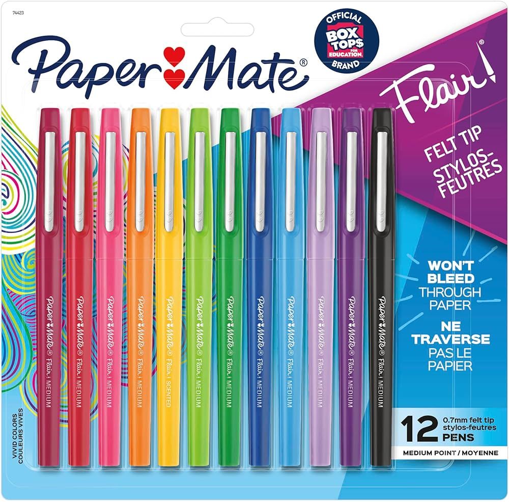 Paper Mate Flair Felt Tip Pens, Medium Point (0.7mm), Assorted Colors, 12 Count | Amazon (US)