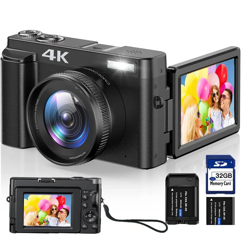 Vlogging Camera 4K Digital Camera for Youtube Autofocus with 32GB SD Card,180°Flip Screen 16X Di... | Walmart (US)