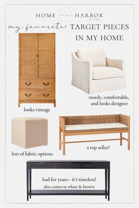 My five favorite Target furniture pieces in my home: storage cabinet, console table, swivel chair, woven bench, cube ottomans 

#LTKFind #LTKhome #LTKstyletip