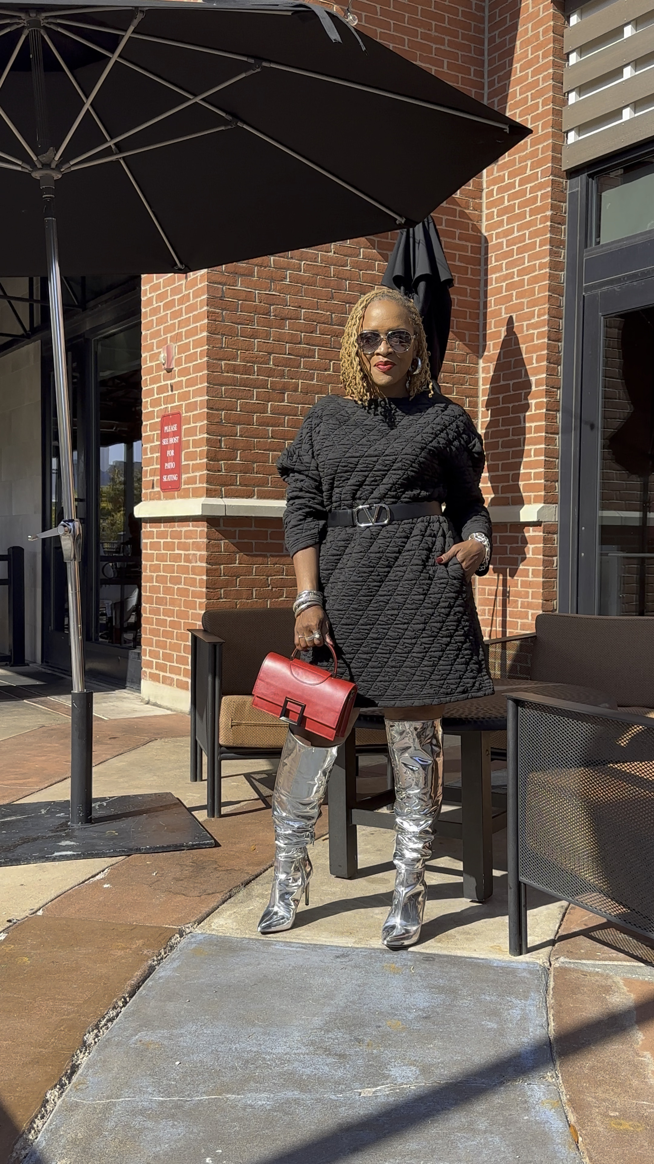 Black and silver with a pop of red for the holidays

Black dress with pockets 
Silver boots
Red bag

#LTKShoeCrush #LTKSeasonal #LTKHoliday