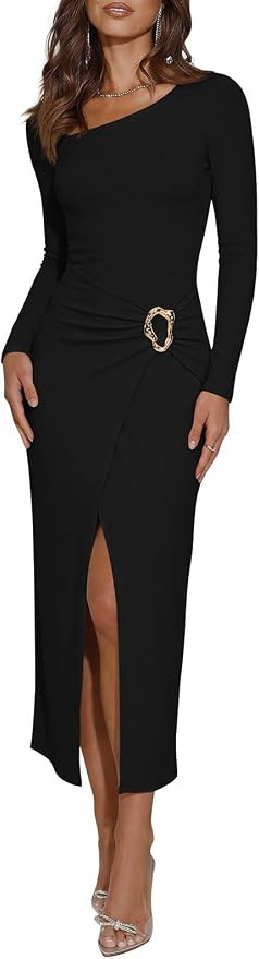 REORIA Wedding Guest Dresses for Women Long Sleeve Ruched Wrap Midi Dress | Asymmetrical Square N... | Amazon (US)
